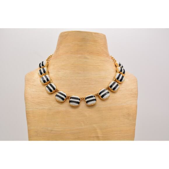 Talbots Statement Necklace Collar Black White Striped Gold Chunky Heavy 90s BinA - Picture 8 of 12